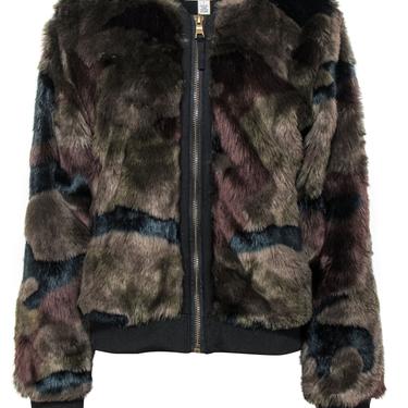 Marrakech - Olive, Black &amp; Brown Camouflage Print Faux Fur Zip-Up Bomber Coat Sz L