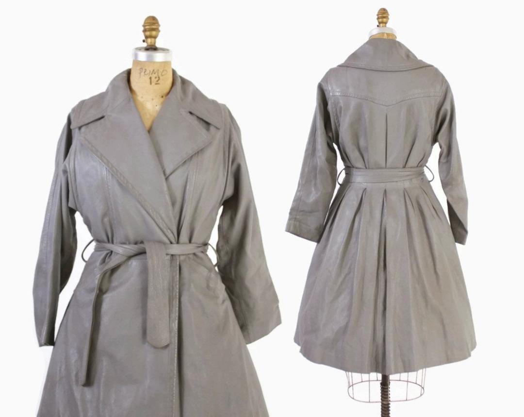 Vintage 60s LEATHER COAT / 1960s Gray Belted Princess Jacket M Lucky