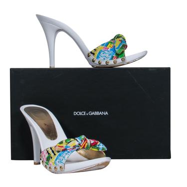 Dolce &amp; Gabbana - White Leather &amp; Tropical Printed Mule Sandals Sz 10