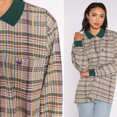 Wimbledon Polo Shirt Tennis Shirt 80s Plaid Long Sleeve Collared Shirt Sportswear Preppy 1980s Vintage Medium Large 