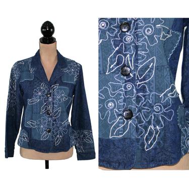 Floral Embroidered Patchwork Jacket, Cotton Batik Denim Blue, Colorblock Blazer Women Petite, Boho Clothes Vintage 90s Y2K Coldwater Creek 