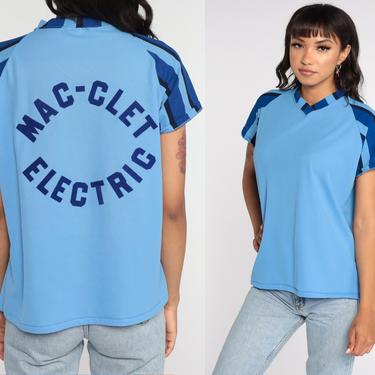 70s Uniform Shirt Mac-Let Electric Ringer Tshirt Uniform Tshirt Athletic Raglan Sleeve 1970s Baby Blue Short Sleeve Medium Large 