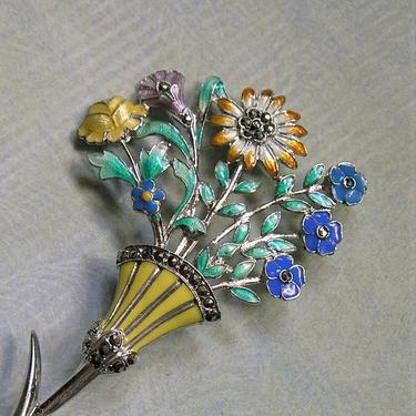 Antique Sterling Marcasite Enamel Brooch Pin, Old Sterling Enamel Pin, Sterling Marcasite Flower Pin (#3909) 