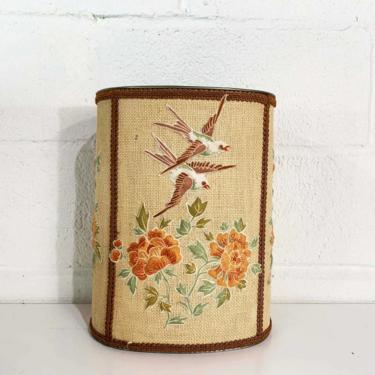 Vintage Bird Flower Trash Can Metal Basket Waste 1950s 50s Tin Cheinco MCM Paper Flowers Floral Made in USA Boho Fabric Textured Bohemian 