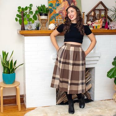 Vintage 1980s Diane Von Furstenberg Plaid Skirt - Brown High Waist Pleated Midi Skirt with Pockets - M 