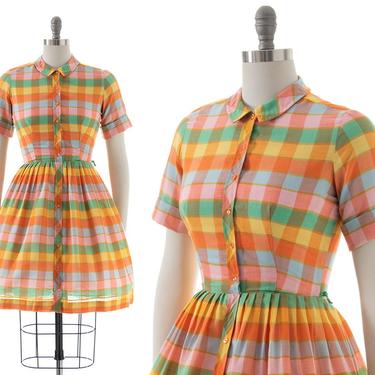 Vintage 1950s 1960s Shirt Dress | 50s 60s Rainbow Plaid Cotton Fit and Flare Full Skirt Button Up Shirtwaist Day Dress (small) 
