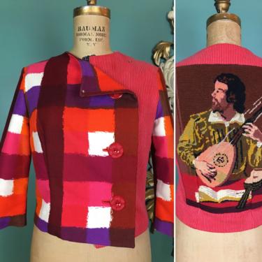 1960s cropped jacket, needlepoint, vintage 60s blazer, color block, pink, orange and purple, small, mod jacket, 32 bust, ooak, avant grade 
