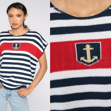 Anchor Sweater Top 80s Knit Shirt Striped Nautical Short Sleeve Sweater Yacht White Red Blue Sailor Top Striped Boatneck Extra Large xl 