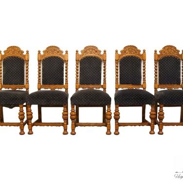 Set of 5 1920's Antique Jacobean Gothic Revival Solid Oak Dining Side Chairs 