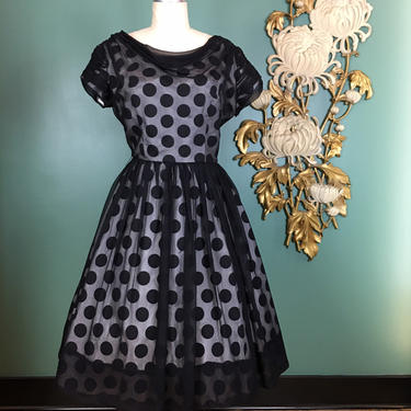 1950s chiffon dress, vintage 50s dress, mrs maisel style, black and white polka dot, size large, rockabilly dress, full skirt, sheer overlay 