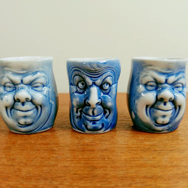 Vintage Figural Grotesque Face Shot Glasses | Double Face | Porcelain Ceramic Blue 
