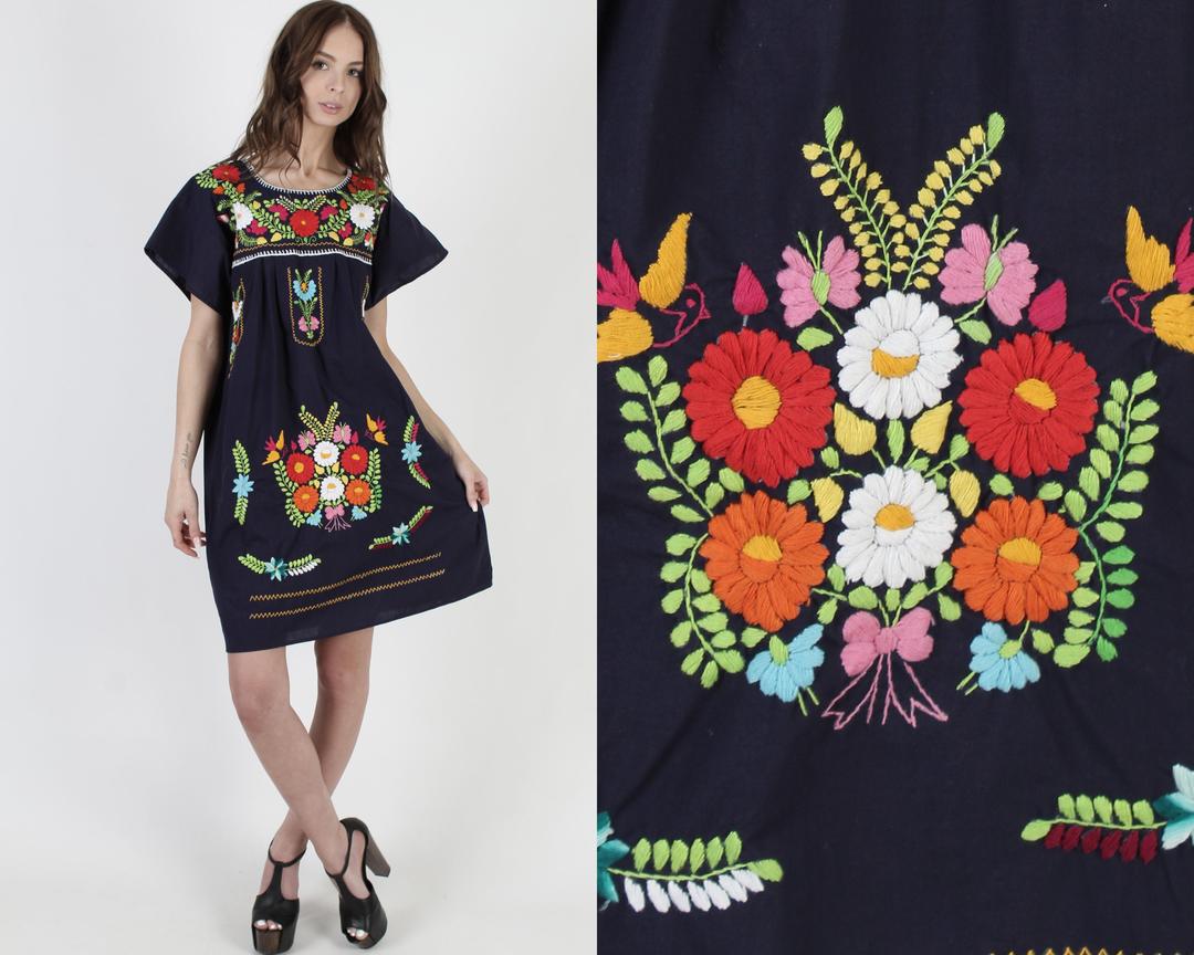 Navy Blue Mexican Dress Hand Embroidered Beach Cover Up Vintage | American Archive | San Diego, CA