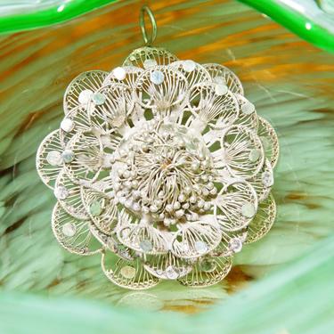 Vintage Sterling Silver Filigree Flower Pendant, Intricately Crafted Silver Wire Pendant, Ornate Floral Design, Antique Pendant, 2 1/8&quot; L 