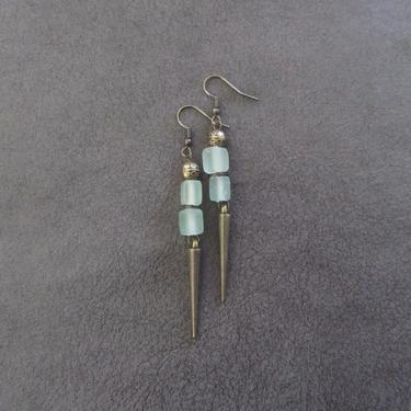 Pale green sea glass earrings, minimalist earrings, tribal ethnic earrings, bold earrings, long geometric earrings, modern statement earring 