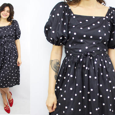 Outlets 1980s dress vintage 80s BLACK WHITE DOTS puff sleeve fit flare dress