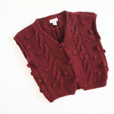 Vintage Knit Vest Medium  - 1980s Cable Knit Pom Pom Vest - Burgundy Red Wine  Knitted Button Down Vest - Wool Vest 