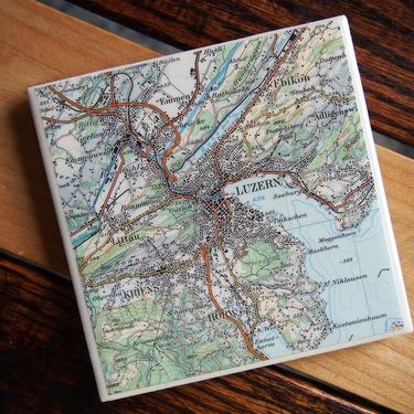 1976 Luzern Switzerland Vintage Map Coaster. Switzerland Map Gift. Swiss Décor. Europe Travel Gift. Office Décor. Luzern Map. Drink Coasters 