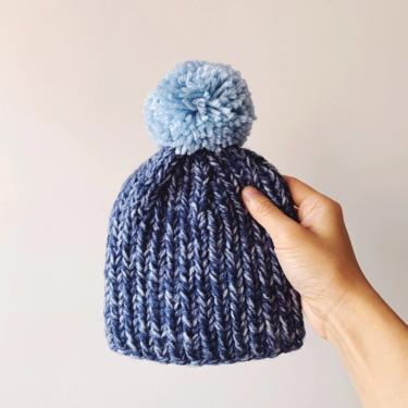 Little Minnows Hand Knit Baby Beanie Hat // Blue Melange with Blue Pompom 
