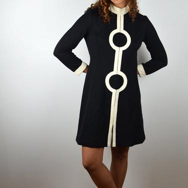 Vintage 60s Dress / Twiggy 1960s Vintage Wool A-Line Dress / 60s Mod / Black Wool White Leather/ 1960s Go Go Mad Men / Medium Small / Mini 