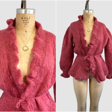 FUZZY WUZZY Vintage 70s Mohair Wool Sweater, 1970s Dusty Rose Open Knit Wool Cardigan Tie Belt w/ Ruffle Edges, 80s 1980s Top | Medium Large 