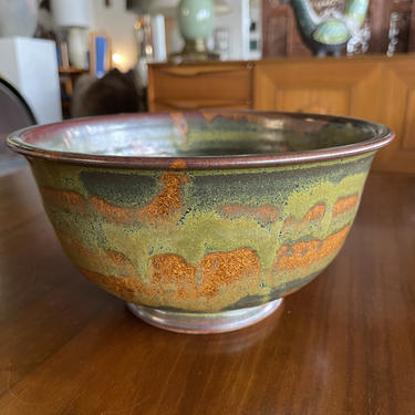 Green/Orange Glazed Studio Pottery Bowl, Signed NLP