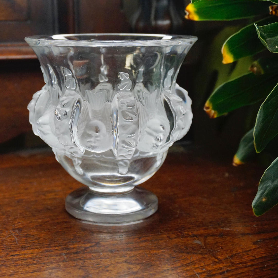 Vintage Lalique France Dampierre Crystal Vase With Sparrows, Beautiful