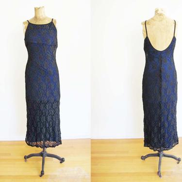 Vintage 2000s Y2k Bodycon Maxi Dress XS S - Black Blue Lace Open Back Stretchy Dress - Rampage - Cocktail Party Formal Dress 