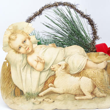 Early 1900's  Baby Jesus in Manger with Lamb of God Die Cut Scrap &amp; Tinsel Christmas Ornament, Antique Religious Decor 