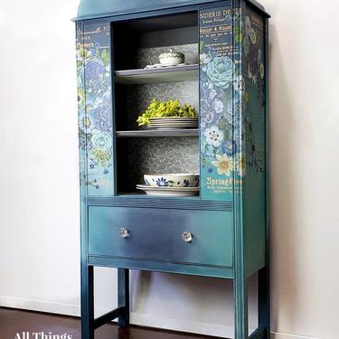 China Cabinet | Vintage China Cabinet Painted Blue with Flowers | Blue Curio Cabinet | Blue Hutch | Bookshelf | Pretty Storage Cabinet 