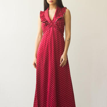 1970s Red Satin Polka Dot Halter Dress 