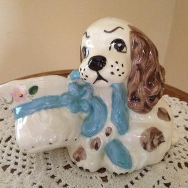 Vintage Spaniel Dog Plater, Vase with Blue Ribbon and Hat- Signed Marian  4 1/4&quot; 