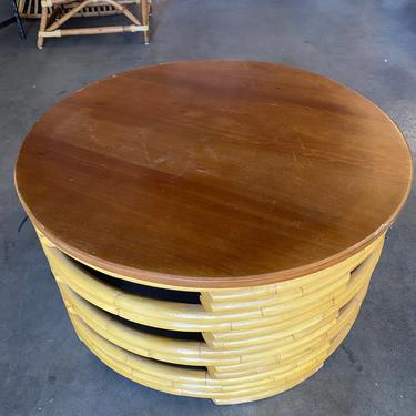 Restored Stacked Rattan Round Coffee Table with Vents and Mahogany Top 