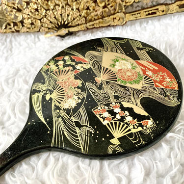 Vintage Hand Mirror, Asian Fan Design, Gold Metallic Trim, Asian Inspired 