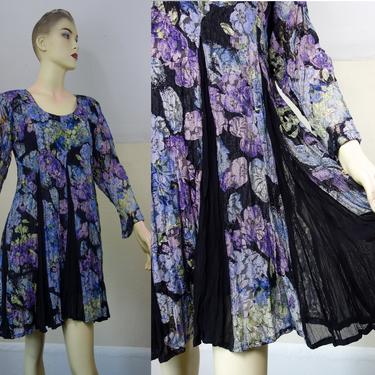 Vintage 90s Starina babydoll dress size medium, sheer black & floral lace with long sleeves and panel godet skirt 1990s hippie goth clothing 