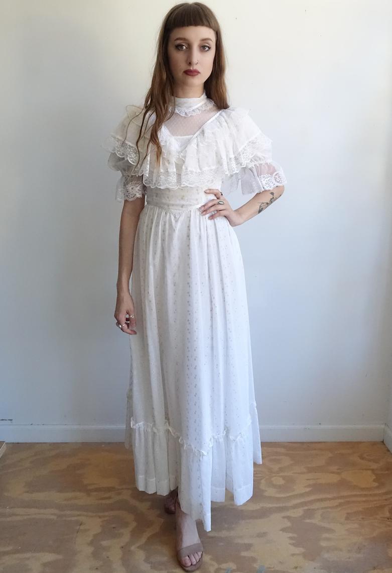 Vintage 70s Gunne Sax White Prairie Dress 1970s Lace Victorian