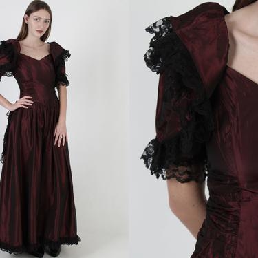 Floor Length Burgundy Wedding Gown / Long Sheer Lace Steampunk Dress / Vintage 70s Prairie Country Western / Womens Saloon Bustle Maxi Dress 