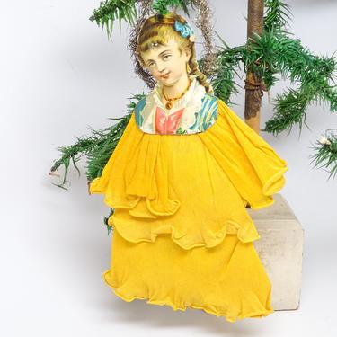 Early 1900's Large 8 1/2 Inch Victorian Die Cut and Tinsel Christmas Scrap Ornament with Paper Dress, Vintage Decor 