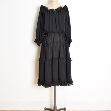 vintage 70s dress black tiered ruffle off shoulder peasant witch midi dress L XL clothing 