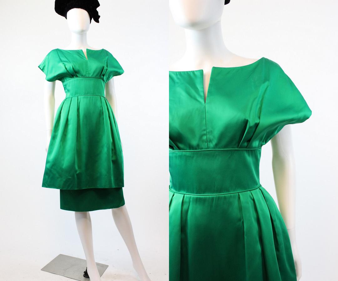 1950s Mitzi Morgan green satin dress xs | vintage double skirt ...