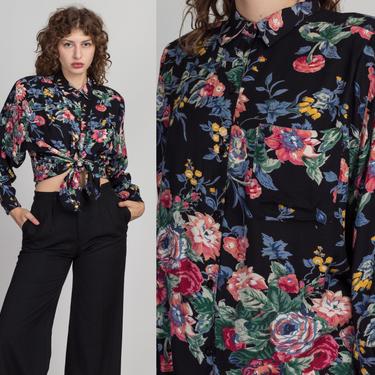 80s Button Up Floral Shirt - Medium | Vintage Black Pink Long Sleeve Collared Top 