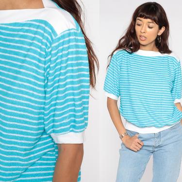 80s Striped Shirt -- Terry Cloth Top Slouchy Shirt Blue White Retro Tee Vintage Slouch Short Cap Sleeve Loose Boatneck Large xl l 
