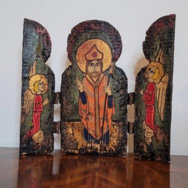 Religious Hand Painted Polychrome  Wood Panel Folding Icon Triptych 