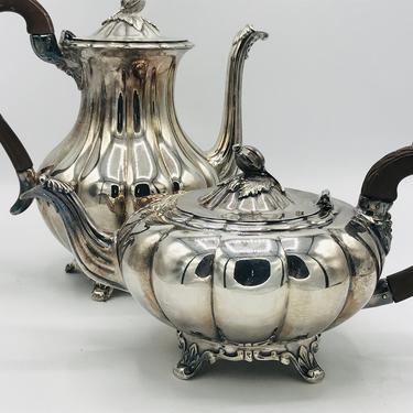 Antique 2 Pc Community Silverplate MELON Tea SET Coffee Teapot Oneida Sheffield Bakelite handles 