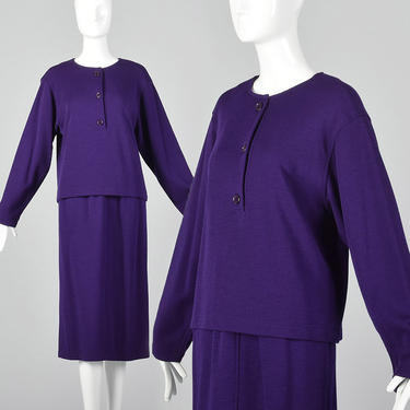 Small Oscar de la Renta Two Piece Set Purple Knit Tunic Top Skirt Long Sleeve Loose Fit Pockets Vintage 1970s Womens Separates 