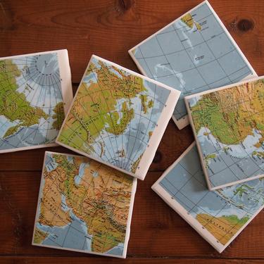 1979 Asia Physical Map Coasters Set of 6 - Ceramic Tile - Repurposed Vintage 1970s Hammond Atlas - Handmade - Terrain Map 