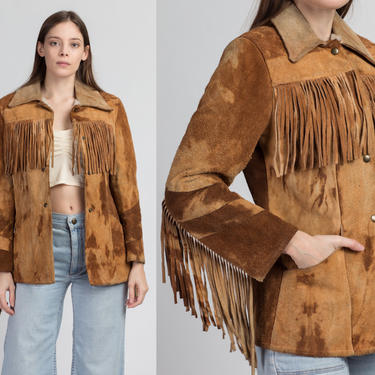 60s 70s Brown Suede Fringe Jacket - Men's XS, Women's Small | Vintage Sherpa Lined Juan Sebastian Boho Hippie Leather Coat 