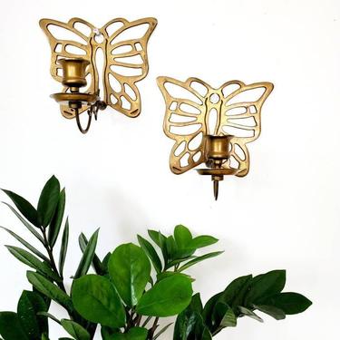 Vintage Brass Butterfly Wall Candleholder Sconce Set 