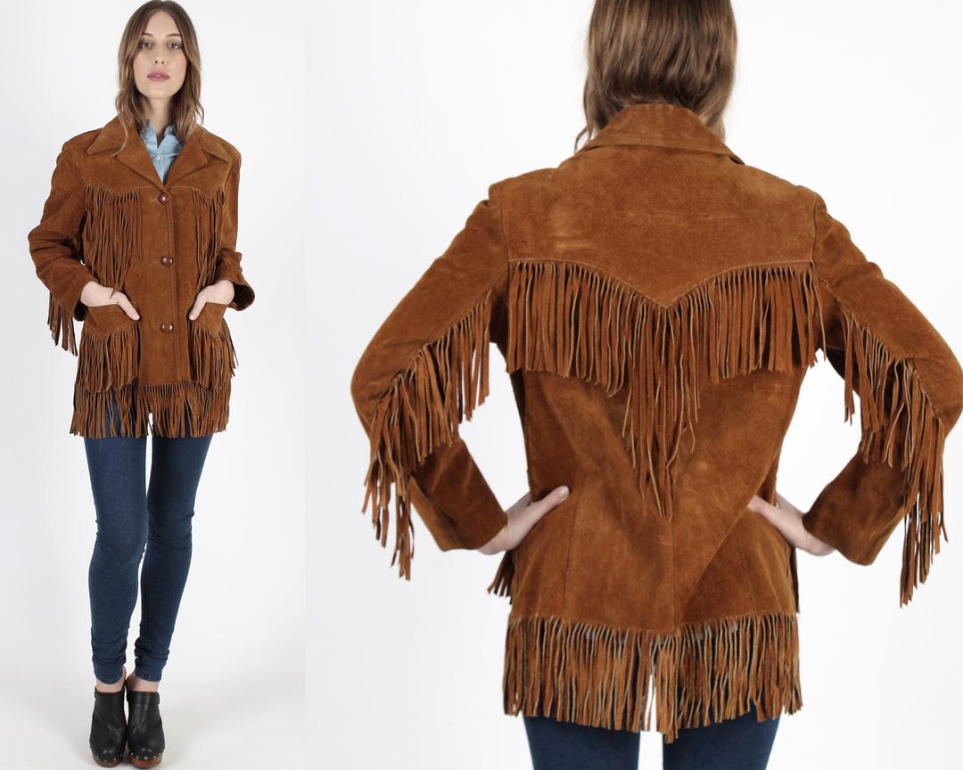 Brown Suede Fringe Jacket Womens Western Cowboy Jacket Leather Biker