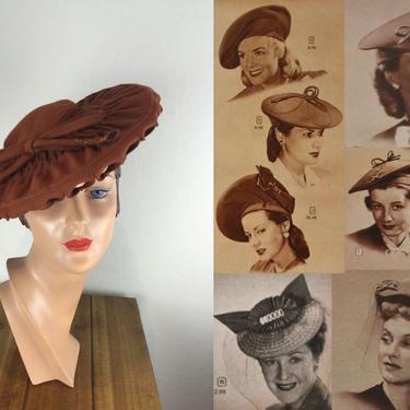 Slanted Hats to Coquette Glances - Vintage 1940s Nutmeg Brown Wool Felt Ruffled Slanted Halo Beret Hat 
