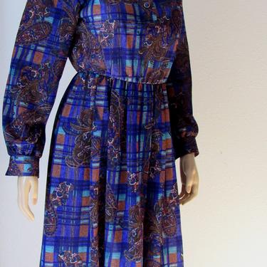 Vintage 80s Day dress Paisley Print Jewel Tones Elastic Waist Modest Dress 